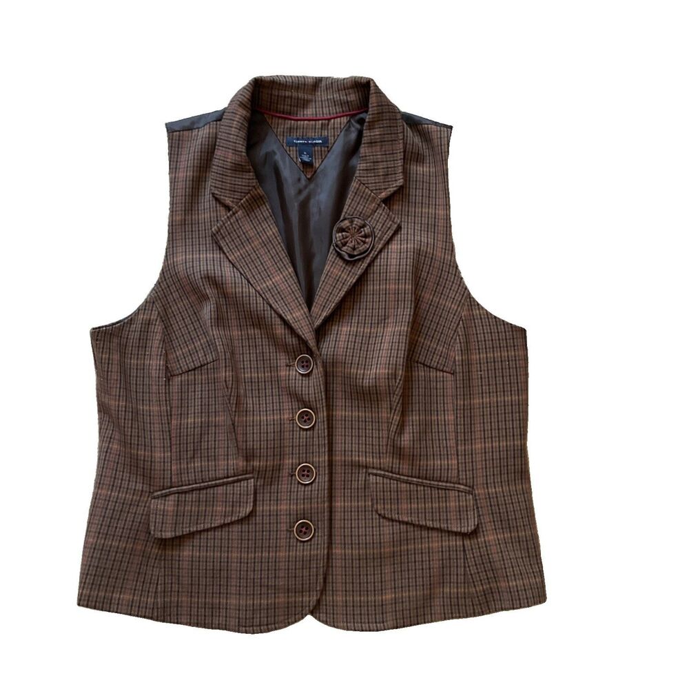 Tommy Hilfiger Women’s Plaid Vest – Size 16 – Brown Check with Flower Detail